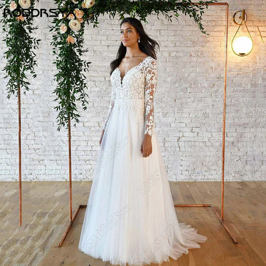 Robe de Mariée Comtesse — Manches Longues Dentelle, Dos Ouvert (Bohème)