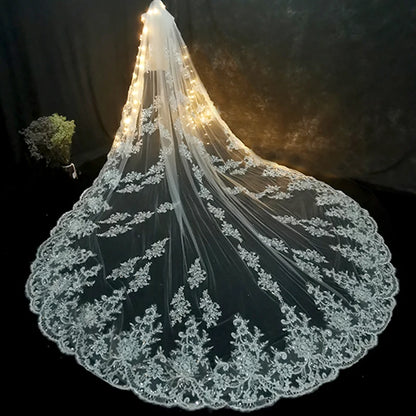 Voile de mariée Long de luxe, blanc ivoire, avec peigne, bord en dentelle, appliques élégantes, longueur cathédrale, accessoires de mariage