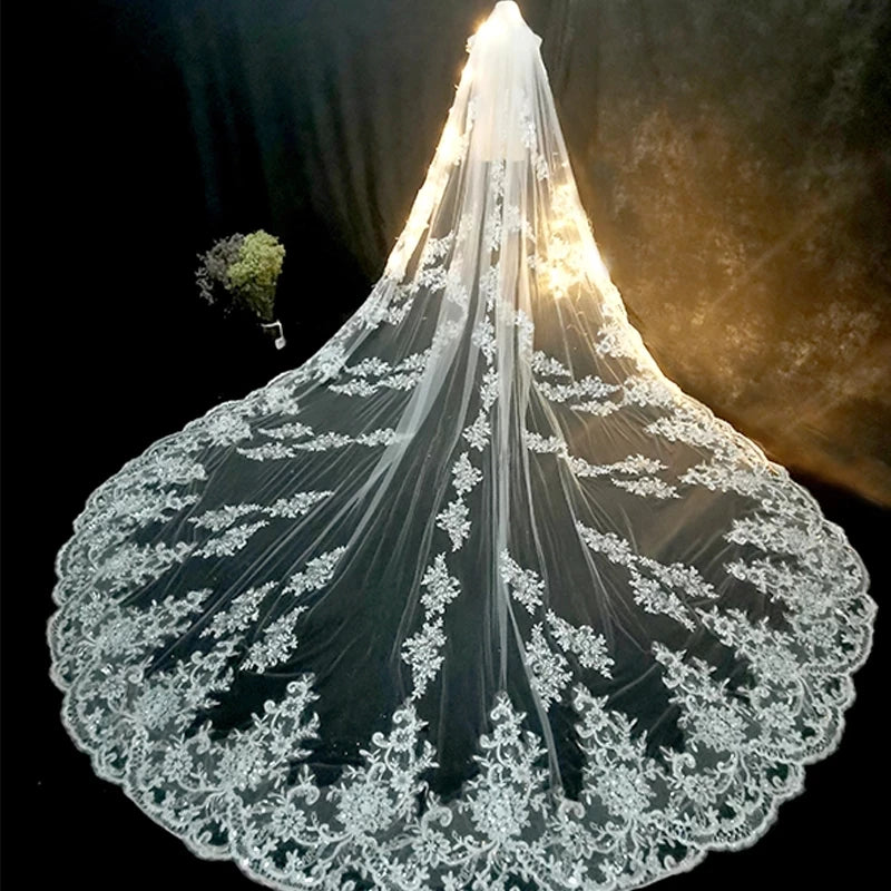 Voile de mariée Long de luxe, blanc ivoire, avec peigne, bord en dentelle, appliques élégantes, longueur cathédrale, accessoires de mariage