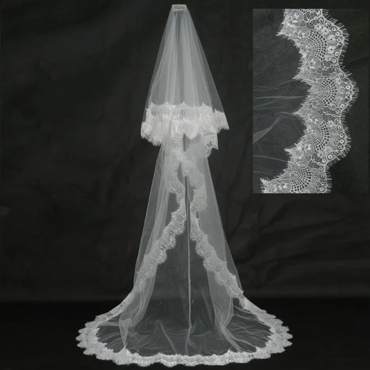 Voile de mariage à bord en dentelle, 2 couches, avec peigne, accessoires de mariée en Tulle doux