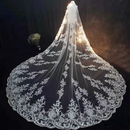 Voile de mariée Long de luxe, blanc ivoire, avec peigne, bord en dentelle, appliques élégantes, longueur cathédrale, accessoires de mariage