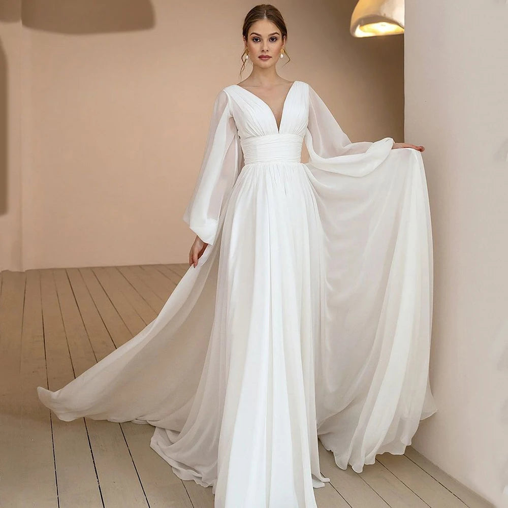 Robe de mariée Boho en mousseline de soie, manches bouffantes, Sexy, personnalisée, col en V, drapée, Simple, traîne de balayage, robes de mariée