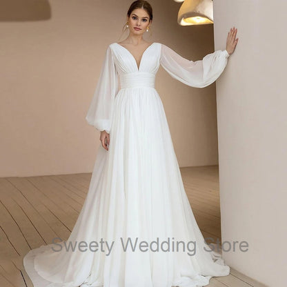 Robe de mariée Boho en mousseline de soie, manches bouffantes, Sexy, personnalisée, col en V, drapée, Simple, traîne de balayage, robes de mariée