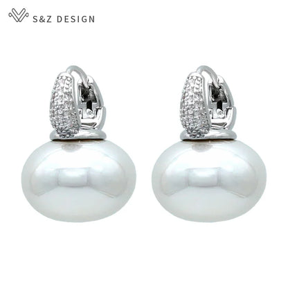 S & Z DESIGN nouvelle mode pain rond grande perle boucles d'oreilles pour les femmes bijoux de mariage cadeau tempérament cubique zircone Eardrop
