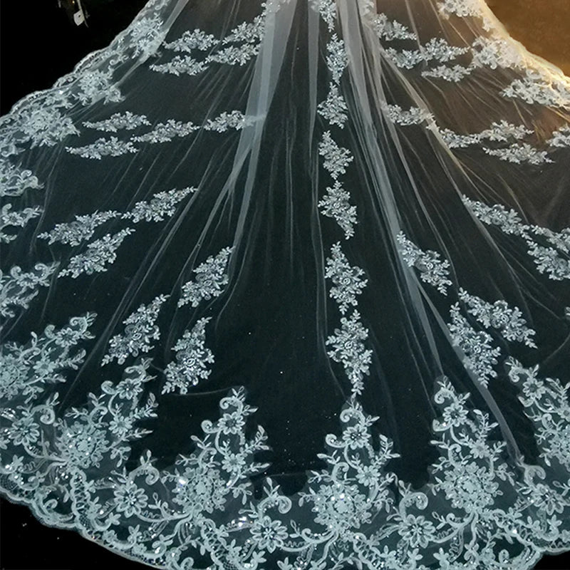 Voile de mariée Long de luxe, blanc ivoire, avec peigne, bord en dentelle, appliques élégantes, longueur cathédrale, accessoires de mariage