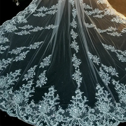 Voile de mariée Long de luxe, blanc ivoire, avec peigne, bord en dentelle, appliques élégantes, longueur cathédrale, accessoires de mariage