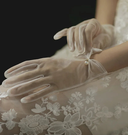 Gants de robe de mariée en satin blanc, courts et élégants, avec nœud en perles, en maille, accessoires photo polyvalents, rétro perle