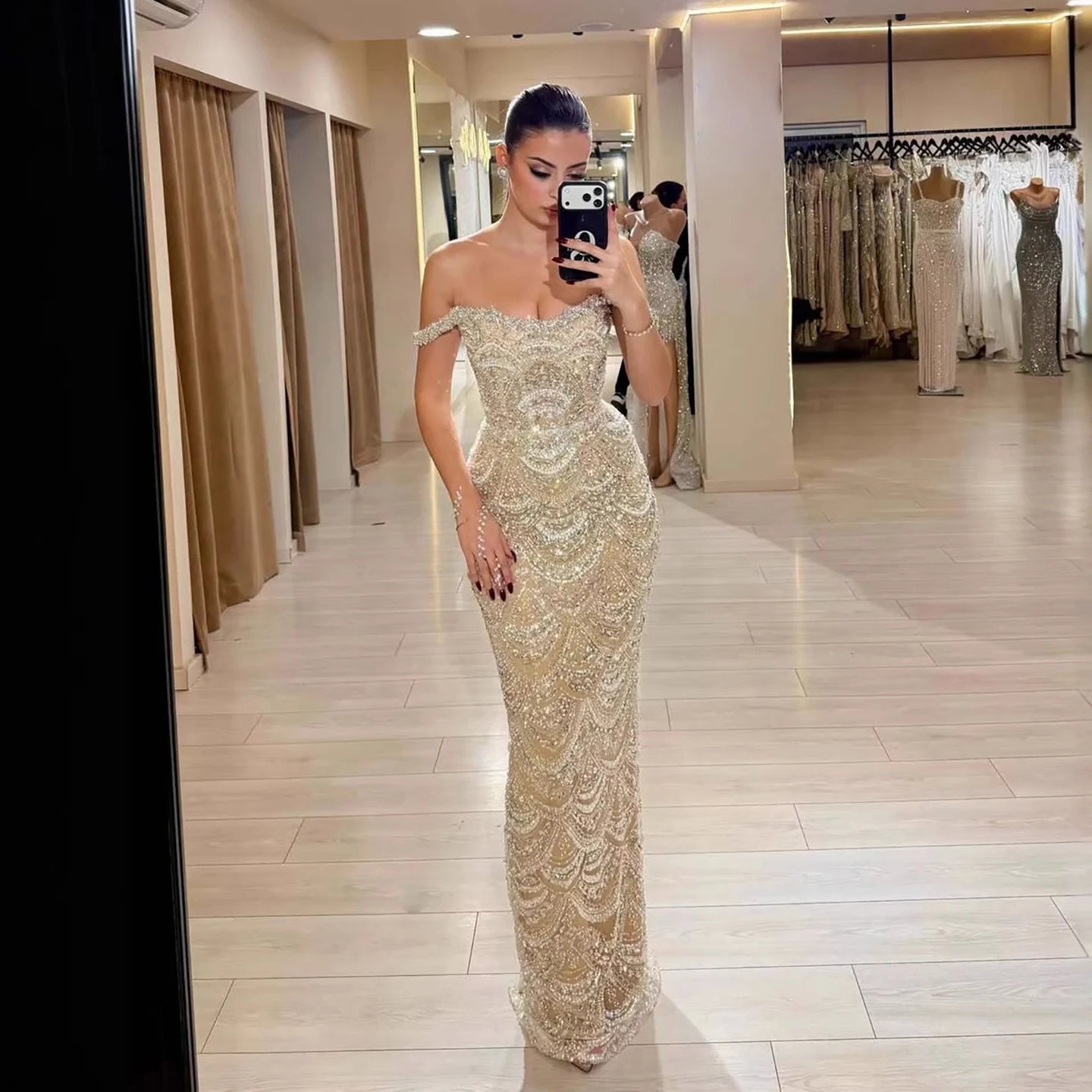 Robe de soirée sirène de luxe Serene Hill 2026, couleur nude, ornée de perles, épaules dénudées, pour femmes, mariage, fête, cérémonie, LA73395A, personnalisable