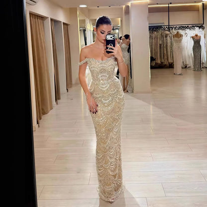 Robe de soirée sirène de luxe Serene Hill 2026, couleur nude, ornée de perles, épaules dénudées, pour femmes, mariage, fête, cérémonie, LA73395A, personnalisable