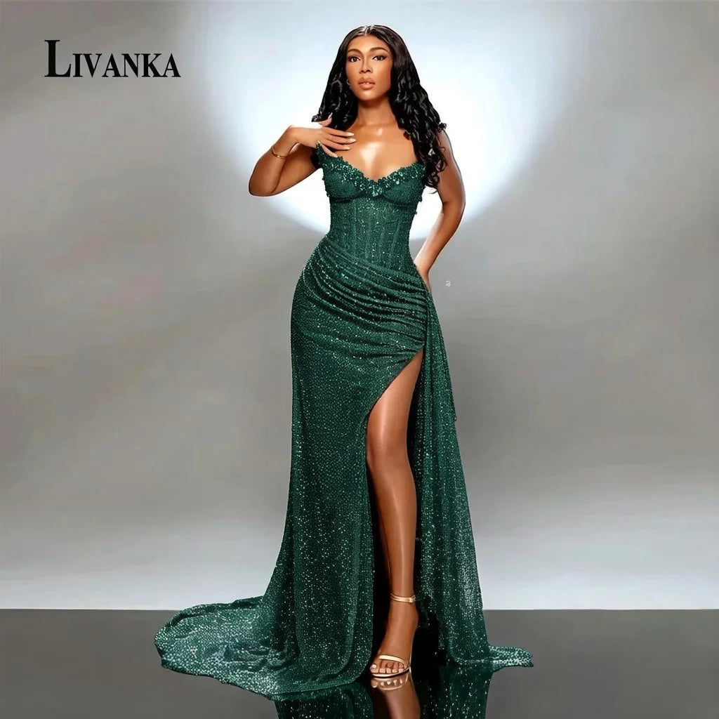 LIVANKA chérie cou sirène robes De soirée côté haute fente parole longueur robes De bal perles personnalisé robes De Fiesta