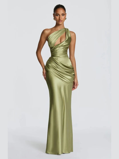 Robe de Soirée Émeraude — Sirène Satin, Une Épaule (Drapé)