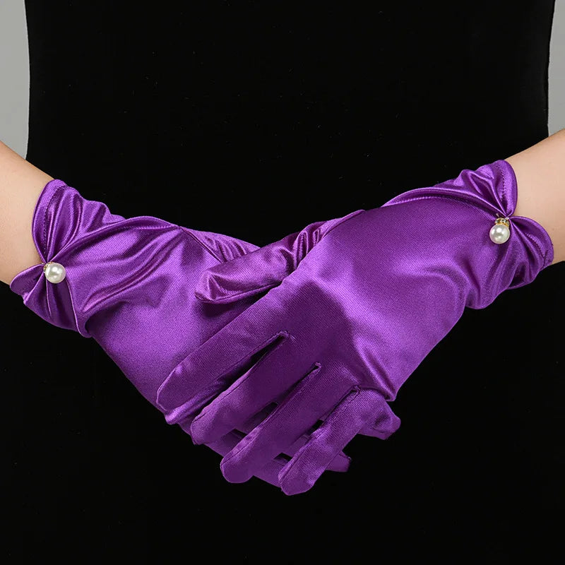 Gants de robe de mariée en satin blanc, courts et élégants, avec nœud en perles, en maille, accessoires photo polyvalents, rétro perle