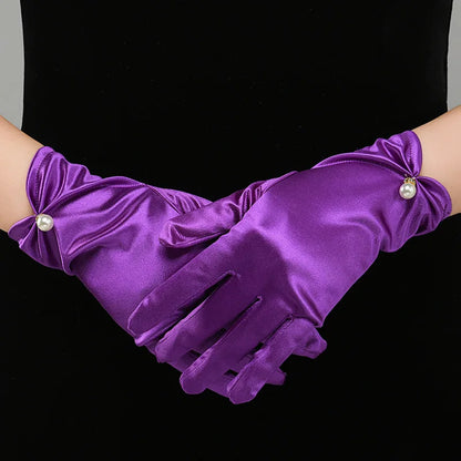Gants de robe de mariée en satin blanc, courts et élégants, avec nœud en perles, en maille, accessoires photo polyvalents, rétro perle