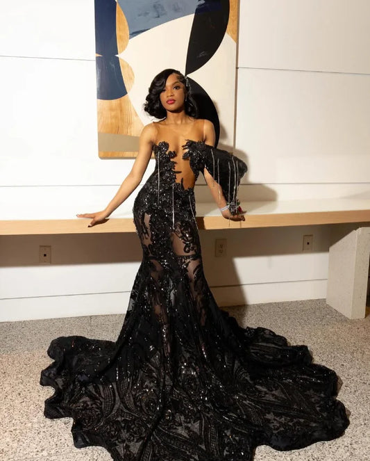 Robe de soirée longue de forme sirène, noire, scintillante, de luxe, diamant, cristal, Gillter, personnalisée, maille transparente, robe de Gala de bal