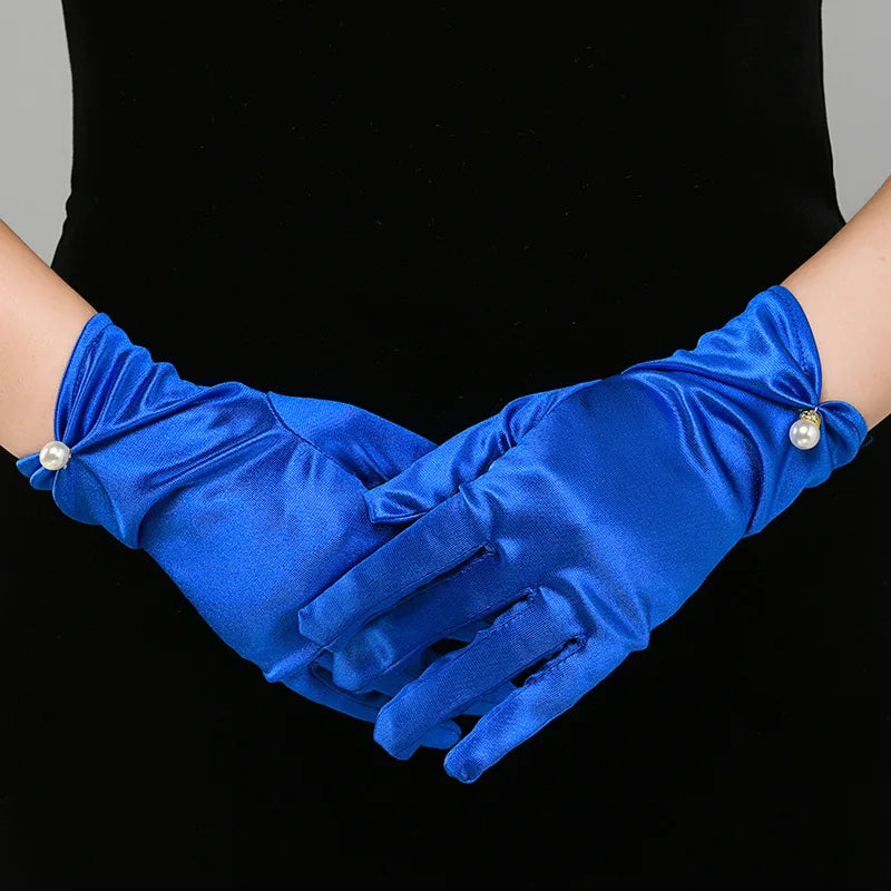 Gants de robe de mariée en satin blanc, courts et élégants, avec nœud en perles, en maille, accessoires photo polyvalents, rétro perle