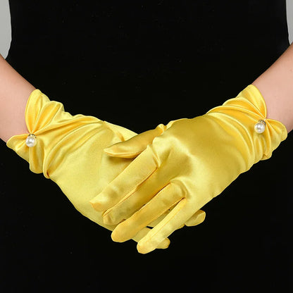 Gants de robe de mariée en satin blanc, courts et élégants, avec nœud en perles, en maille, accessoires photo polyvalents, rétro perle