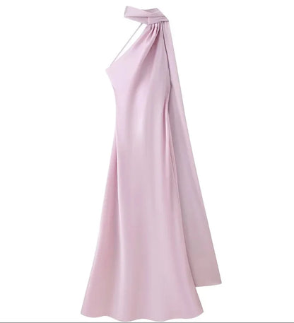 Robe de Soirée Lyra — Satin, Col Américain & Dos Nu (Invitée)