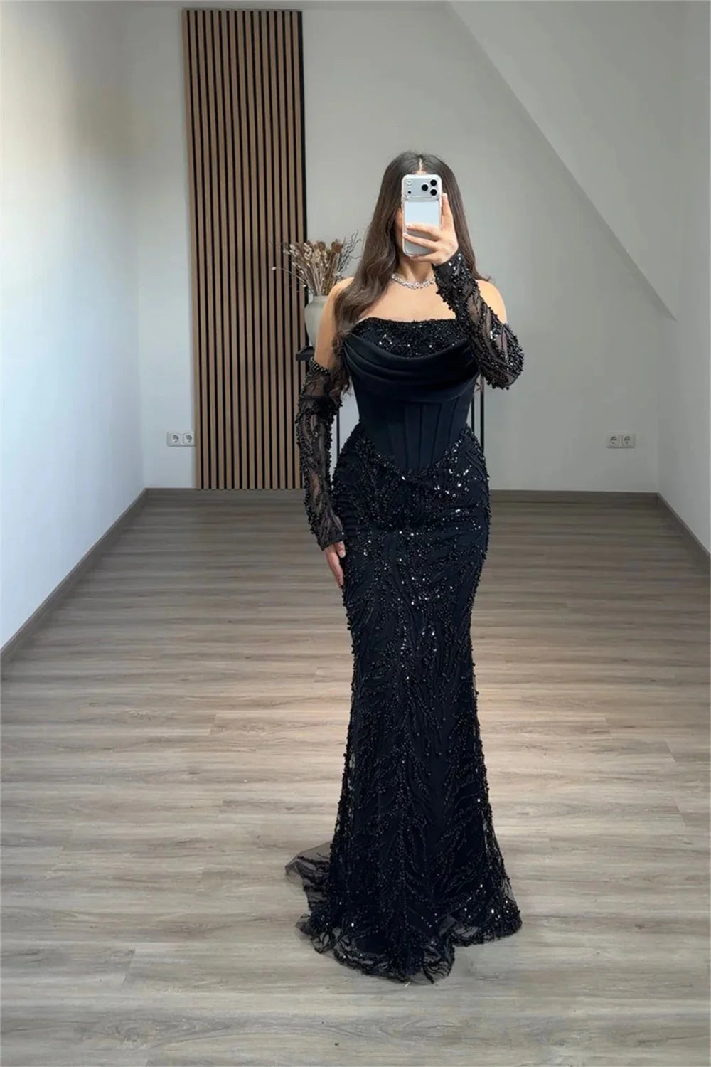 Contessa personnalisé noir brillant paillettes perlée robe de soirée femme sans bretelles dos nu Corset robe de bal sirène robe d'événement formel