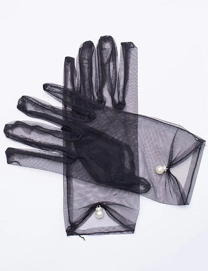 Gants de robe de mariée en satin blanc, courts et élégants, avec nœud en perles, en maille, accessoires photo polyvalents, rétro perle