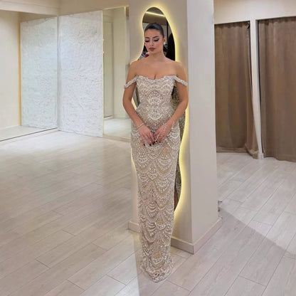 Robe de soirée sirène de luxe Serene Hill 2026, couleur nude, ornée de perles, épaules dénudées, pour femmes, mariage, fête, cérémonie, LA73395A, personnalisable