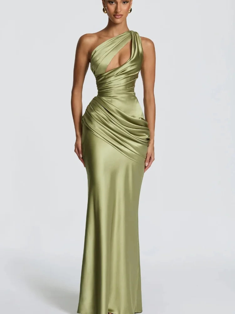 Robe de Soirée Émeraude — Sirène Satin, Une Épaule (Drapé)
