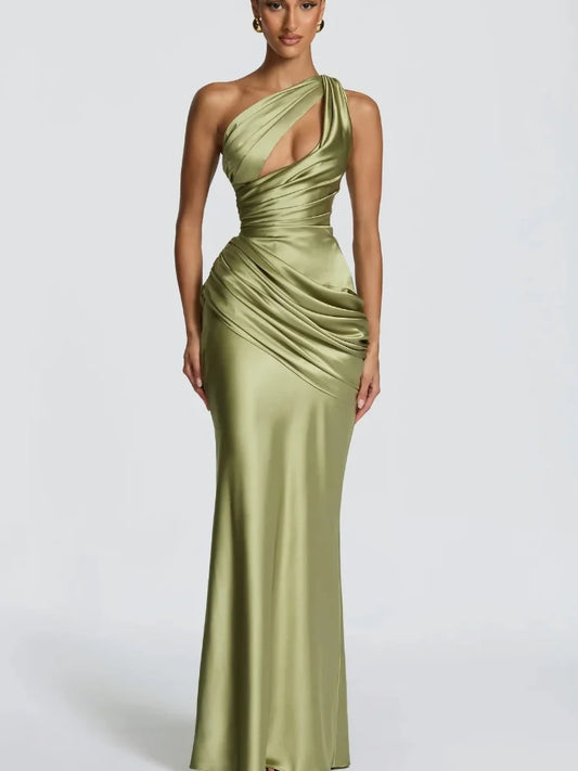 Robe de Soirée Émeraude — Sirène Satin, Une Épaule (Drapé)