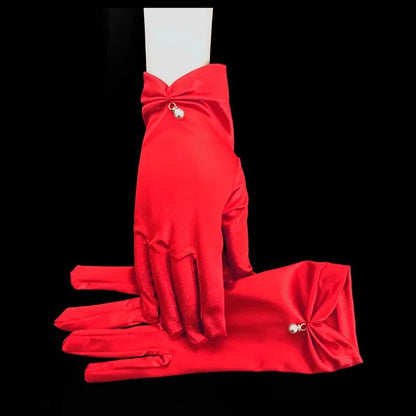 Gants de robe de mariée en satin blanc, courts et élégants, avec nœud en perles, en maille, accessoires photo polyvalents, rétro perle