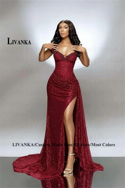 LIVANKA chérie cou sirène robes De soirée côté haute fente parole longueur robes De bal perles personnalisé robes De Fiesta