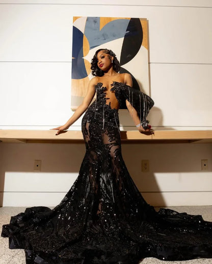 Robe de soirée longue de forme sirène, noire, scintillante, de luxe, diamant, cristal, Gillter, personnalisée, maille transparente, robe de Gala de bal