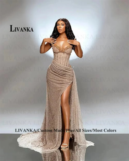 LIVANKA chérie cou sirène robes De soirée côté haute fente parole longueur robes De bal perles personnalisé robes De Fiesta