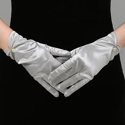 Gants de robe de mariée en satin blanc, courts et élégants, avec nœud en perles, en maille, accessoires photo polyvalents, rétro perle