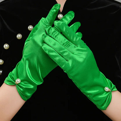 Gants de robe de mariée en satin blanc, courts et élégants, avec nœud en perles, en maille, accessoires photo polyvalents, rétro perle