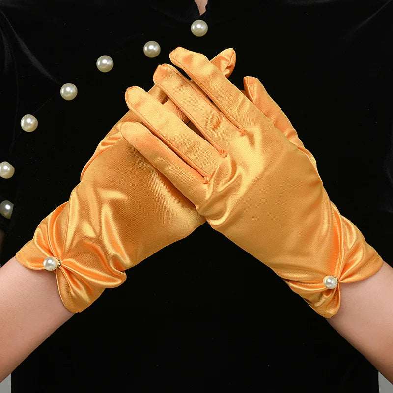Gants de robe de mariée en satin blanc, courts et élégants, avec nœud en perles, en maille, accessoires photo polyvalents, rétro perle