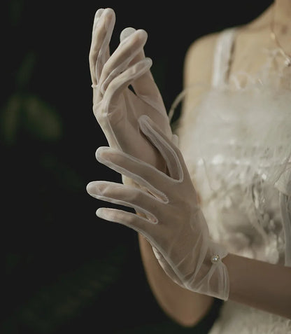Gants de robe de mariée en satin blanc, courts et élégants, avec nœud en perles, en maille, accessoires photo polyvalents, rétro perle