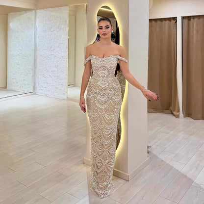 Robe de soirée sirène de luxe Serene Hill 2026, couleur nude, ornée de perles, épaules dénudées, pour femmes, mariage, fête, cérémonie, LA73395A, personnalisable