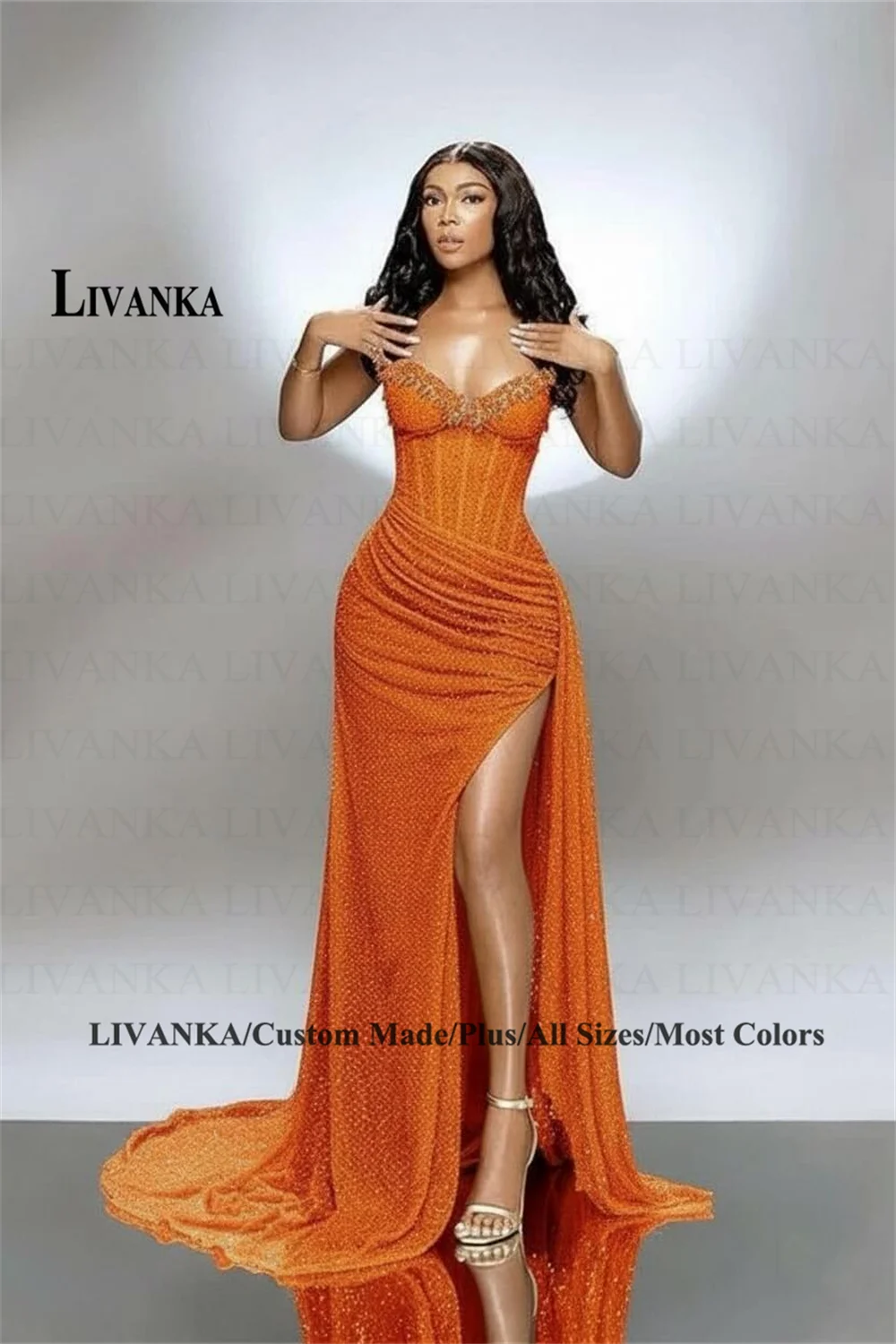 LIVANKA chérie cou sirène robes De soirée côté haute fente parole longueur robes De bal perles personnalisé robes De Fiesta