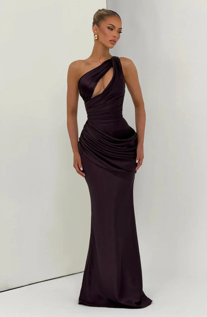 Robe de Soirée Émeraude — Sirène Satin, Une Épaule (Drapé)