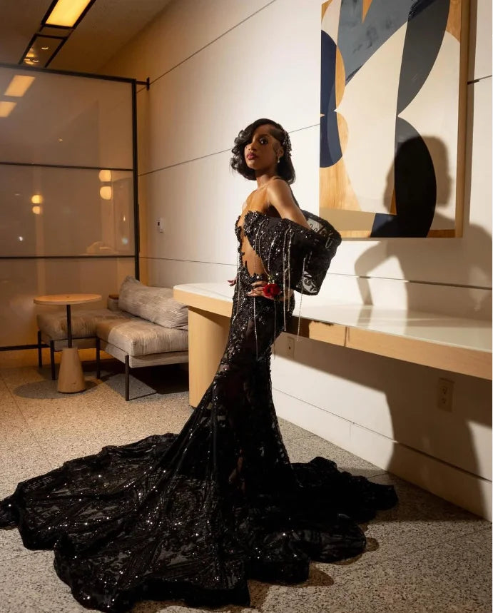 Robe de soirée longue de forme sirène, noire, scintillante, de luxe, diamant, cristal, Gillter, personnalisée, maille transparente, robe de Gala de bal