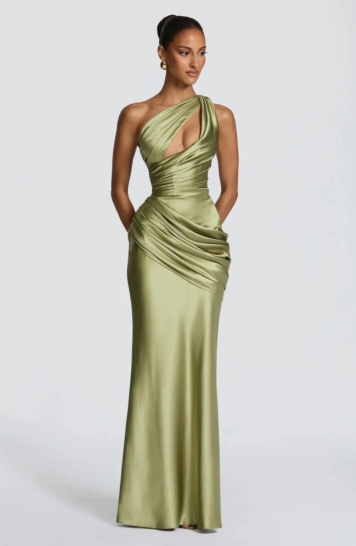 Robe de Soirée Émeraude — Sirène Satin, Une Épaule (Drapé)