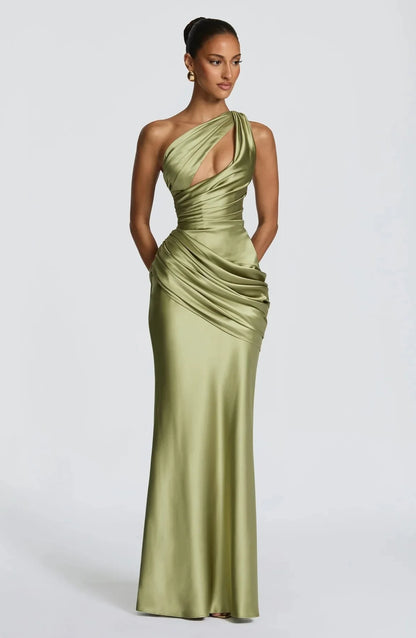 Robe de Soirée Émeraude — Sirène Satin, Une Épaule (Drapé)