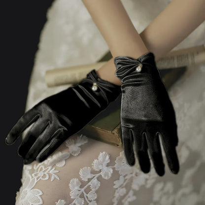 Gants de robe de mariée en satin blanc, courts et élégants, avec nœud en perles, en maille, accessoires photo polyvalents, rétro perle