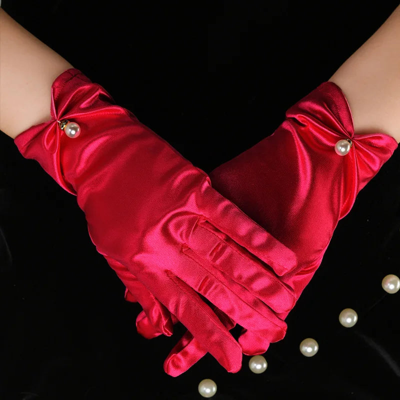 Gants de robe de mariée en satin blanc, courts et élégants, avec nœud en perles, en maille, accessoires photo polyvalents, rétro perle