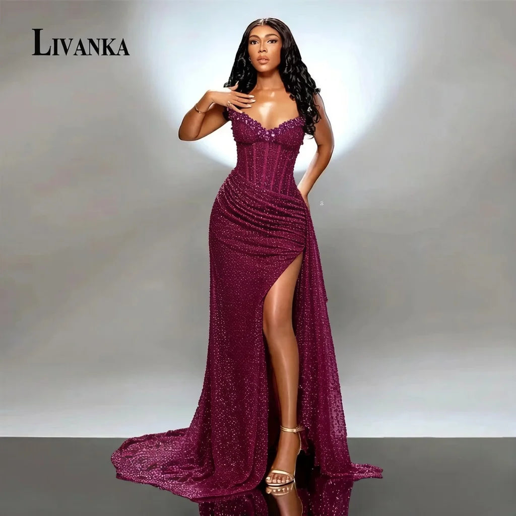 LIVANKA chérie cou sirène robes De soirée côté haute fente parole longueur robes De bal perles personnalisé robes De Fiesta