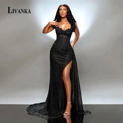 LIVANKA chérie cou sirène robes De soirée côté haute fente parole longueur robes De bal perles personnalisé robes De Fiesta