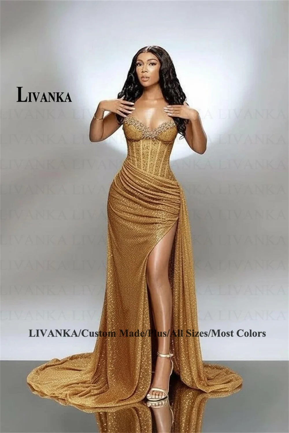 LIVANKA chérie cou sirène robes De soirée côté haute fente parole longueur robes De bal perles personnalisé robes De Fiesta