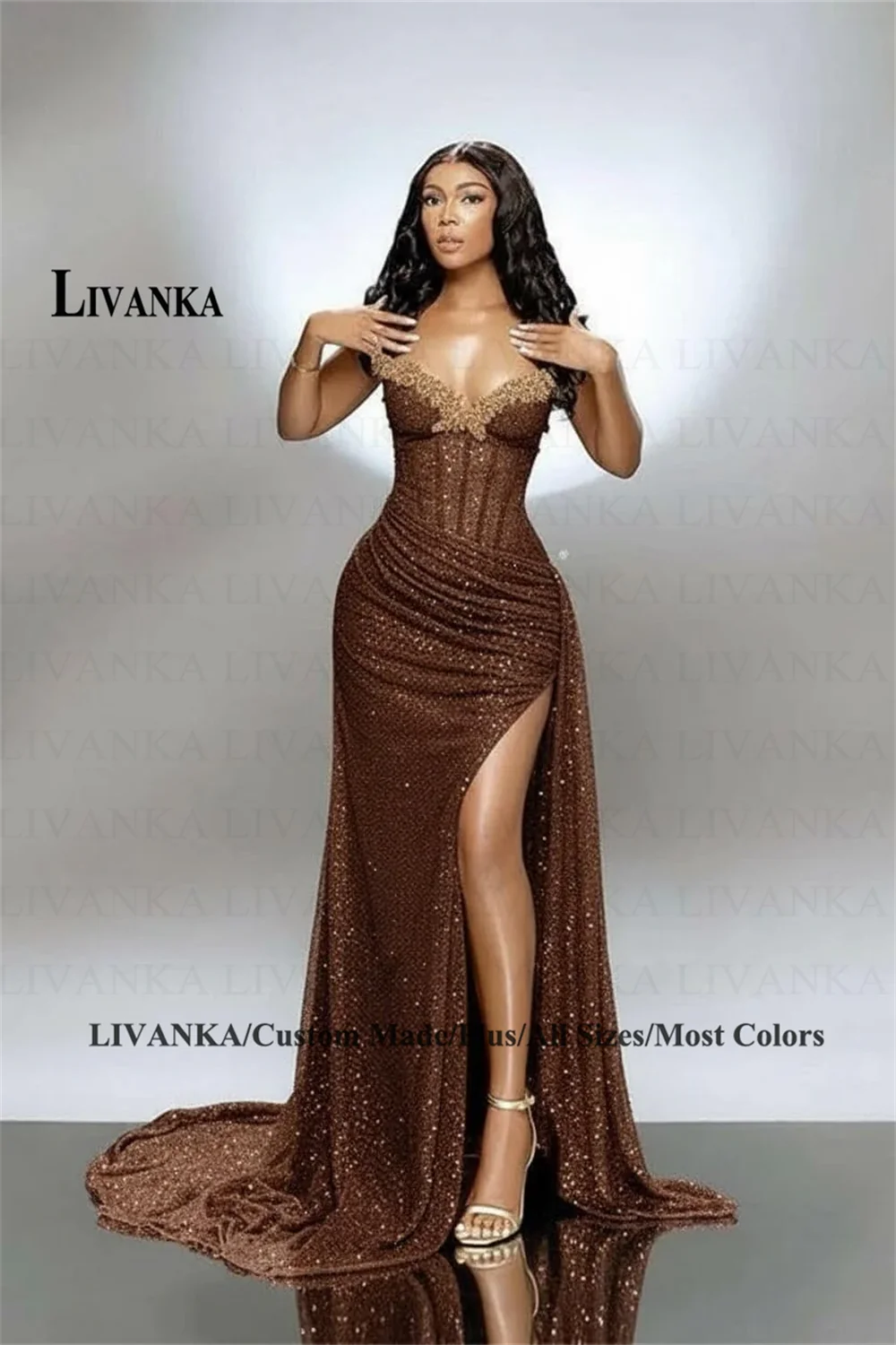 LIVANKA chérie cou sirène robes De soirée côté haute fente parole longueur robes De bal perles personnalisé robes De Fiesta