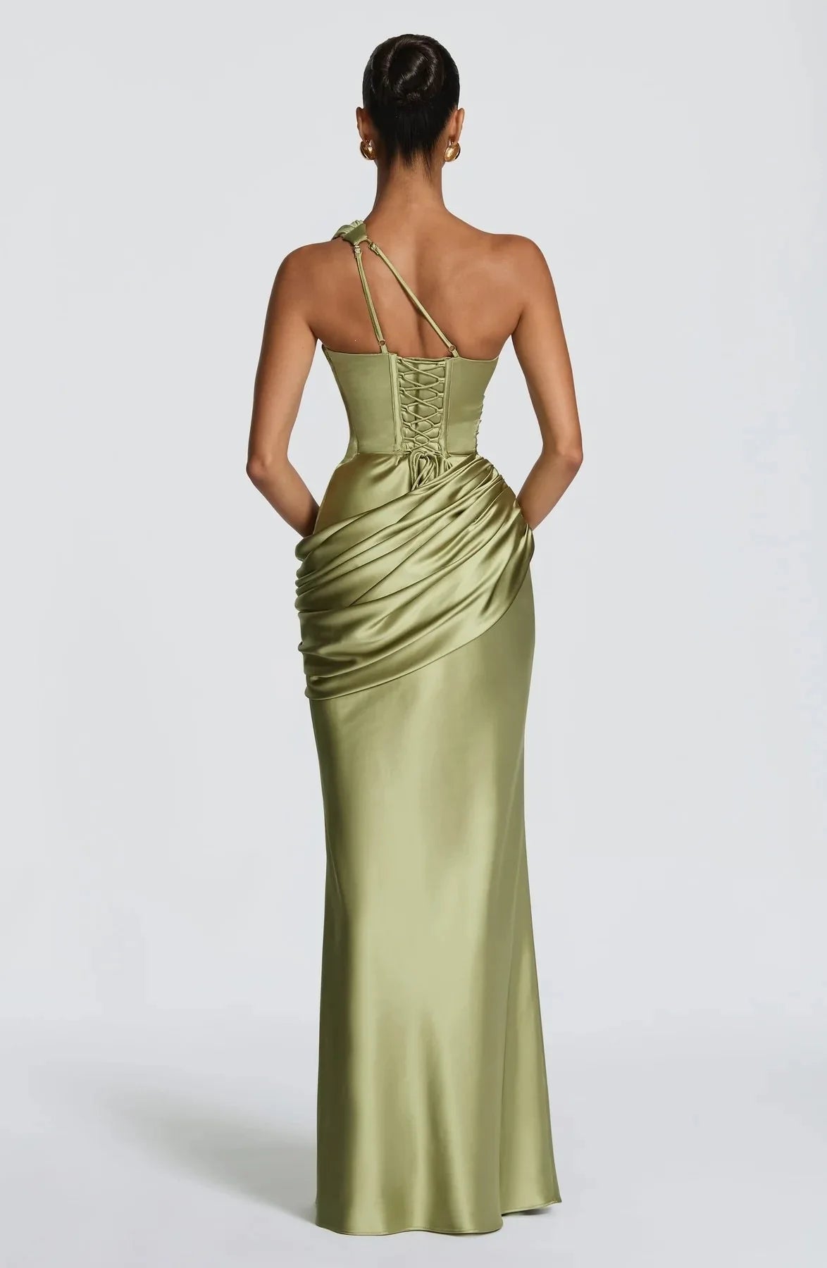 Robe de Soirée Émeraude — Sirène Satin, Une Épaule (Drapé)