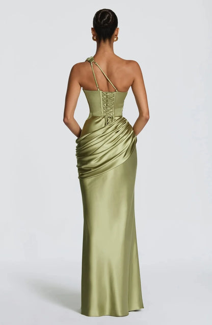 Robe de Soirée Émeraude — Sirène Satin, Une Épaule (Drapé)