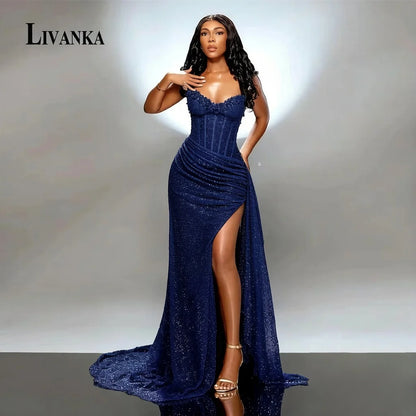 LIVANKA chérie cou sirène robes De soirée côté haute fente parole longueur robes De bal perles personnalisé robes De Fiesta