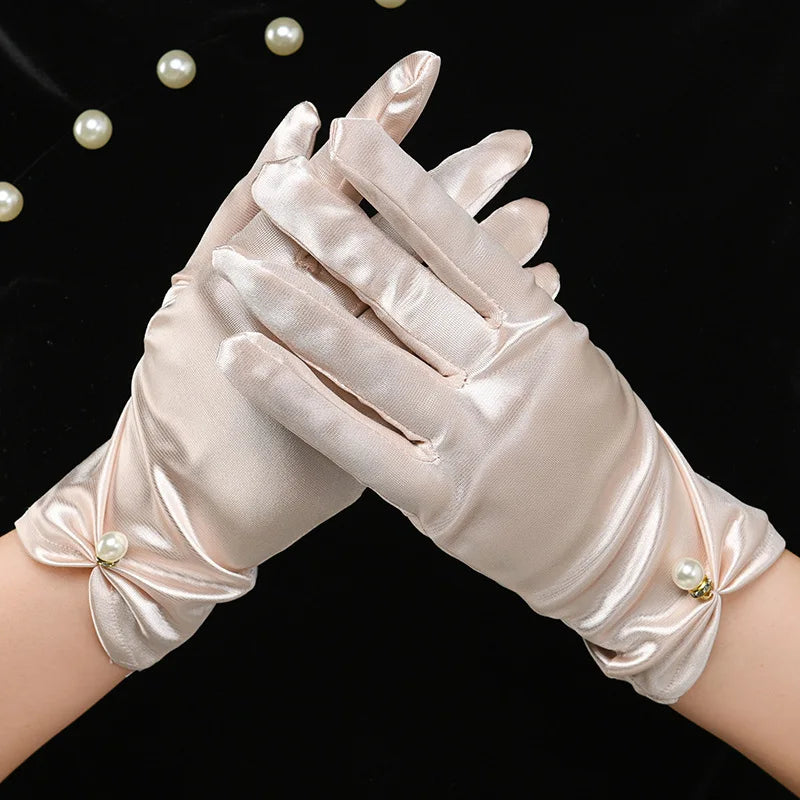 Gants de robe de mariée en satin blanc, courts et élégants, avec nœud en perles, en maille, accessoires photo polyvalents, rétro perle
